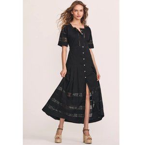 LOVESHACKFANCY Edie Button-Down Maxi Dress Crochet Lace Black XS